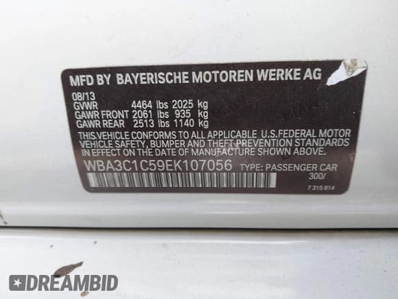 ✅ 2014 BMW 3 Series 328i • VIN: WBA3C1C59EK107056 • Lot: 42778687. Listed on IAAI with 106,786 mi. Free auction sales archive from the USA and detailed vehicle history report at DreamBid. Image 9.