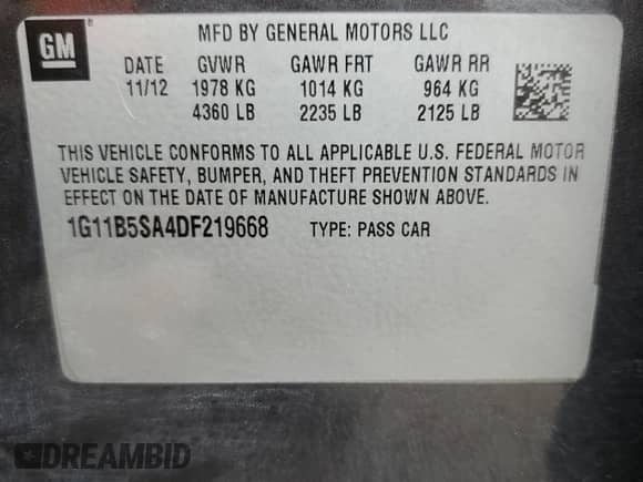 2013 Chevrolet Malibu LS z VIN 1G11B5SA4DF219668, wystawiony jako Copart lot #67964504 z przebiegiem 137 400 mil mil oraz Nie do naprawy • Non repairable. Historia ofert i sprzedaży dostępna na DreamBid. Obrazek 12.