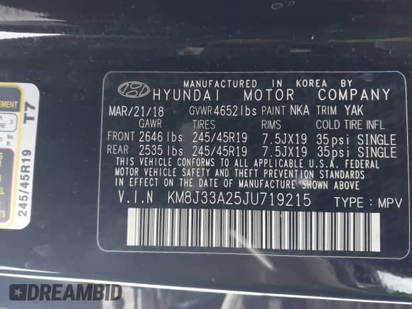 2018 Hyundai Tucson Limited with VIN KM8J33A25JU719215, listed as a IAAI auction lot 41304125 with 118,429 mi miles and . Bid and sale history available at DreamBid. Image 9.