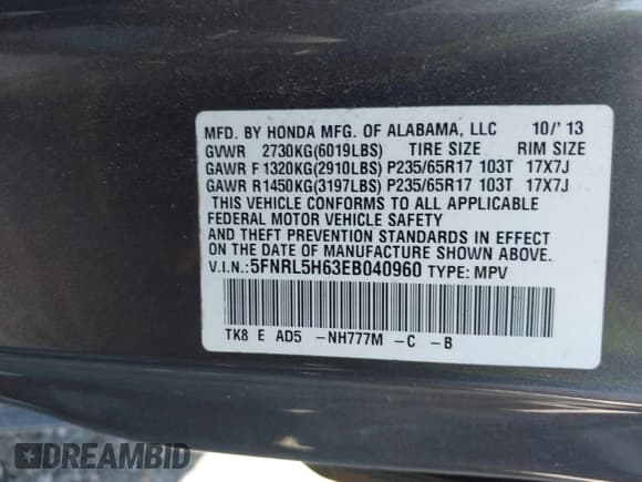 ✅ 2014 Honda Odyssey EX-L • VIN: 5FNRL5H63EB040960 • Lot: 43627120. Listed on IAAI with 361,945 mi. Free auction sales archive from the USA and detailed vehicle history report at DreamBid. Image 9.