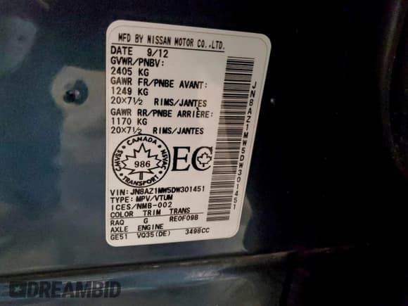 ✅ 2013 Nissan Murano LE • VIN: JN8AZ1MW5DW301451 • Lot: 93429555. Listed on Copart with 331,278 mi. Free auction sales archive from the USA and detailed vehicle history report at DreamBid. Image 13.