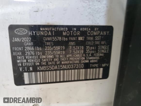 ✅ 2022 Hyundai Santa Fe Limited • VIN: KM8S5DA15NU037310 • Lot: 81927635. Wystawiony na Copart z przebiegiem 88 832 mil. Bezpłatny archiwum sprzedaży aukcyjnych z USA i szczegółowy raport historii pojazdu na DreamBid. Zdjęcie 12.