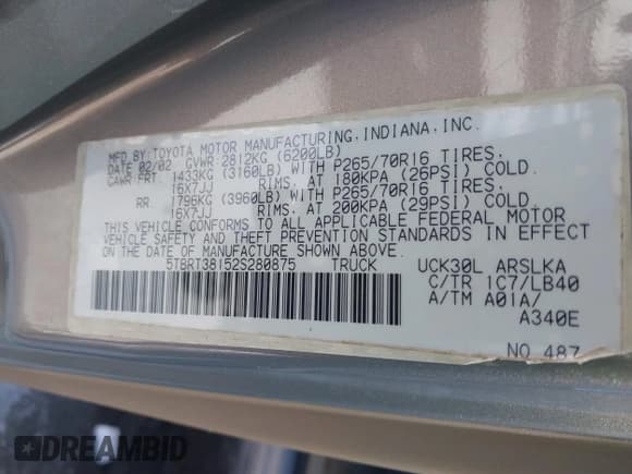 ✅ 2002 Toyota Tundra Limited • VIN: 5TBRT38152S280875 • Lot: 41387829. Listed on IAAI with 186,094 mi. Free auction sales archive from the USA and detailed vehicle history report at DreamBid. Image 9.