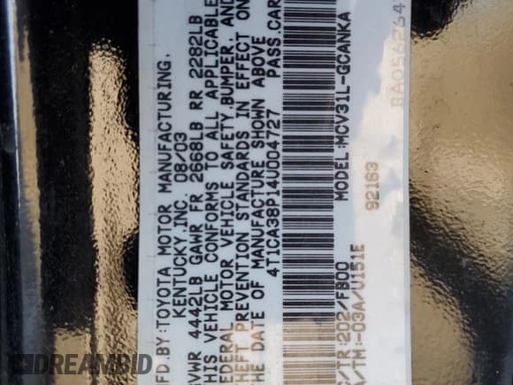 ✅ 2004 Toyota Solara SE • VIN: 4T1CA38P14U004727 • Lot: 84831795. Listed on Copart with 173,212 mi. Free auction sales archive from the USA and detailed vehicle history report at DreamBid. Image 12.