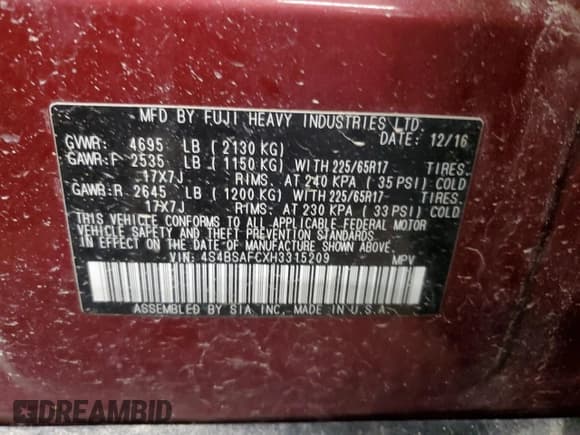 ✅ 2017 Subaru Outback Premium • VIN: 4S4BSAFCXH3315209 • Lot: 54214055. Listed on Copart with 139,151 mi. Free auction sales archive from the USA and detailed vehicle history report at DreamBid. Image 13.