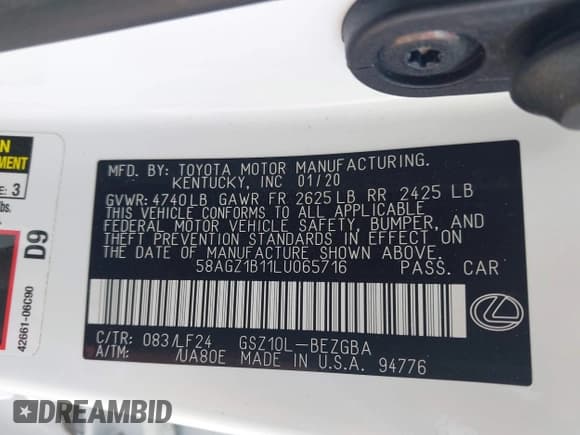 ✅ 2020 Lexus ES 350 F Sport • VIN: 58AGZ1B11LU065716 • Lot: 42291484. Listed on IAAI with 66,815 mi. Free auction sales archive from the USA and detailed vehicle history report at DreamBid. Image 9.