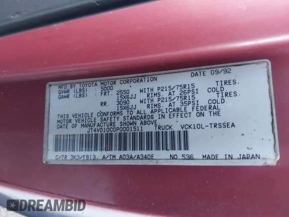 ✅ 1993 Toyota T100 • VIN: JT4VD10C0P0001511 • Лот: 43481716. Опубликован ранее на IAAI с пробегом 19 553 миль. Бесплатный доступ к архиву аукционных продаж из США и подробный отчёт об истории автомобиля на DreamBid. Изображение 9.