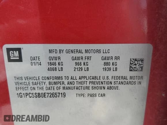 ✅ 2014 Chevrolet Cruze 1LT • VIN: 1G1PC5SB0E7265719 • Lot: 69640415. Listed on Copart with 146,666 mi. Free auction sales archive from the USA and detailed vehicle history report at DreamBid. Image 12.