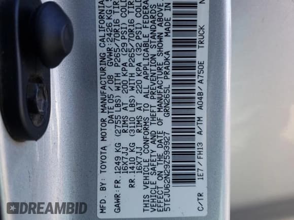 ✅ 2009 Toyota Tacoma PreRunner • VIN: 5TEJU62N29Z593927 • Lot: 74147013. Listed on Copart with 218,234 mi. Free auction sales archive from the USA and detailed vehicle history report at DreamBid. Image 12.