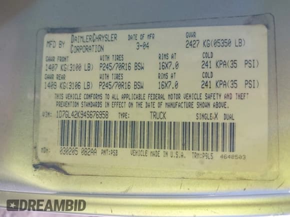 ✅ 2004 Dodge Dakota SLT • VIN: 1D7GL42K94S676958 • Лот: 41326166. Опубликован ранее на IAAI с пробегом 176 886 миль. Бесплатный доступ к архиву аукционных продаж из США и подробный отчёт об истории автомобиля на DreamBid. Изображение 9.