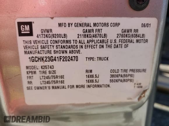 ✅ 2001 Chevrolet Silverado 2500HD LT3 • VIN: 1GCHK23G41F202470 • Lot: 45496705. Listed on Copart with 162,227 mi. Free auction sales archive from the USA and detailed vehicle history report at DreamBid. Image 13.