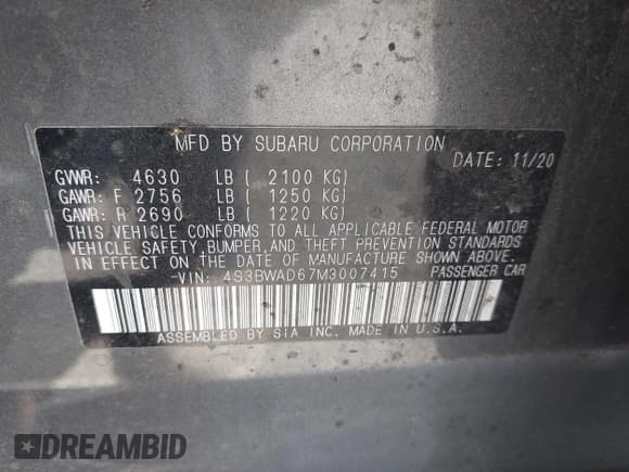 ✅ 2021 Subaru Legacy Premium • VIN: 4S3BWAD67M3007415 • Лот: 43249337. Опубликован ранее на IAAI с пробегом 82 483 миль. Бесплатный доступ к архиву аукционных продаж из США и подробный отчёт об истории автомобиля на DreamBid. Изображение 9.