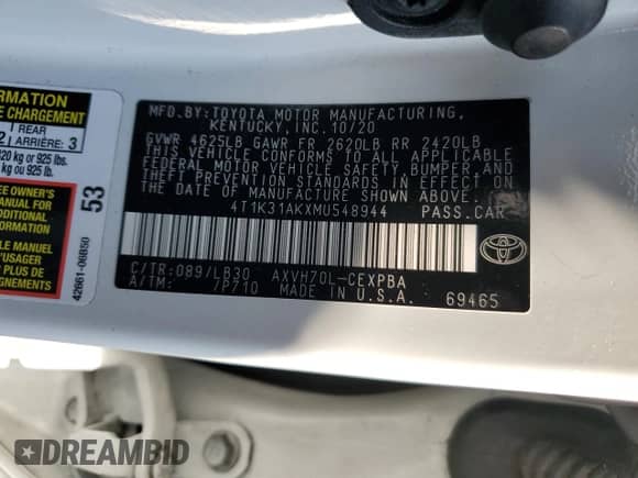 2021 Toyota Camry Hybrid XSE с VIN 4T1K31AKXMU548944, выставлен на аукционе Copart как лот 68894265 с пробегом 81 648 миль миль и Списание • Salvage title. История ставок и продаж доступна на DreamBid. Изображение 12.
