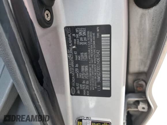 2007 Hyundai Santa Fe GLS с VIN 5NMSG73D07H067042, выставлен на аукционе Copart как лот 65938984 с пробегом 215 860 миль миль и Чистый • Clean title. История ставок и продаж доступна на DreamBid. Изображение 13.