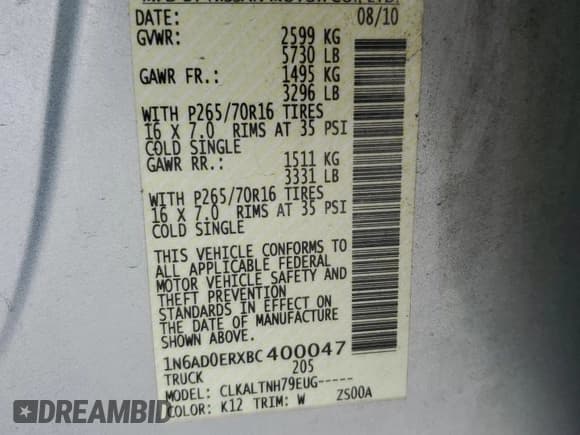 ✅ 2011 Nissan Frontier SV • VIN: 1N6AD0ERXBC400047 • Lot: 85699695. Wystawiony na Copart z przebiegiem 172 276 mil. Bezpłatny archiwum sprzedaży aukcyjnych z USA i szczegółowy raport historii pojazdu na DreamBid. Zdjęcie 12.