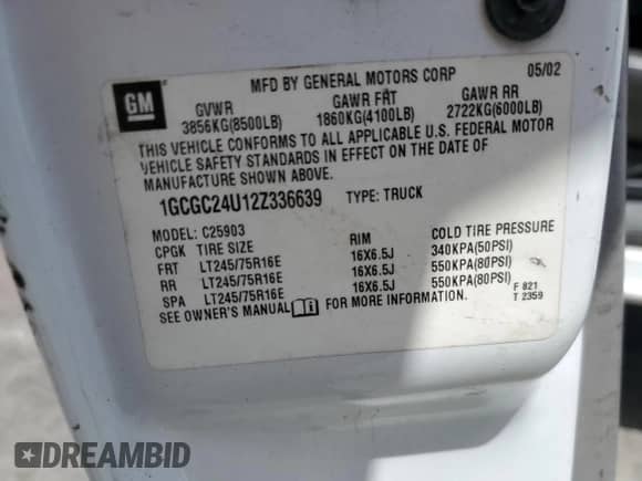 2002 Chevrolet Silverado 2500 с VIN 1GCGC24U12Z336639, выставлен на аукционе Copart как лот 51097225 с пробегом Не указан миль и Списание • Salvage title. История ставок и продаж доступна на DreamBid. Изображение 13.