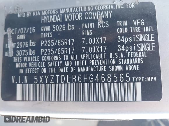 ✅ 2017 Hyundai Santa Fe 2.4L • VIN: 5XYZTDLB6HG468565 • Лот: 43207692. Опубликован ранее на IAAI с пробегом 148 556 миль. Бесплатный доступ к архиву аукционных продаж из США и подробный отчёт об истории автомобиля на DreamBid. Изображение 9.