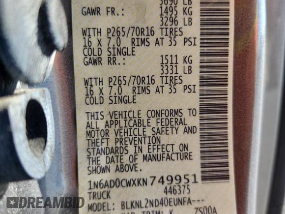 ✅ 2019 Nissan Frontier SV • VIN: 1N6AD0CWXKN749951 • Lot: 85928475. Listed on Copart with 41,548 mi. Free auction sales archive from the USA and detailed vehicle history report at DreamBid. Image 12.