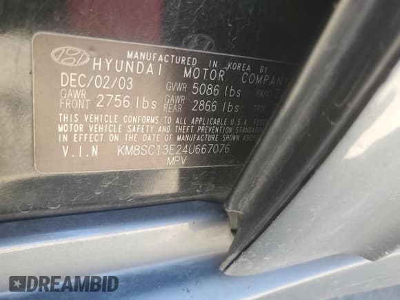 ✅ 2004 Hyundai Santa Fe GLS • VIN: KM8SC13E24U667076 • Lot: 69089595. Listed on Copart with 203,786 mi. Free auction sales archive from the USA and detailed vehicle history report at DreamBid. Image 13.