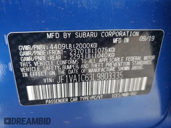 ✅ 2020 Subaru WRX Premium • VIN: JF1VA1C63L9803335 • Lot: 80551315. Listed on Copart with 56,987 mi. Free auction sales archive from the USA and detailed vehicle history report at DreamBid. Image 12.