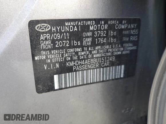 ✅ 2011 Hyundai Elantra GLS • VIN: KMHDH4AE8BU151249 • Lot: 85333845. Listed on Copart with 117,375 mi. Free auction sales archive from the USA and detailed vehicle history report at DreamBid. Image 13.