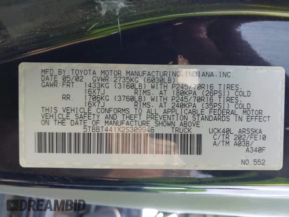 ✅ 2002 Toyota Tundra SR5 • VIN: 5TBBT441X2S309946 • Лот: 43219383. Опубликован ранее на IAAI с пробегом Не указан. Бесплатный доступ к архиву аукционных продаж из США и подробный отчёт об истории автомобиля на DreamBid. Изображение 9.