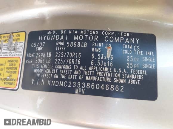 2008 Hyundai Entourage GLS with VIN KNDMC233386046862, listed as a IAAI auction lot 42897770 with 133,482 mi miles and . Bid and sale history available at DreamBid. Image 9.