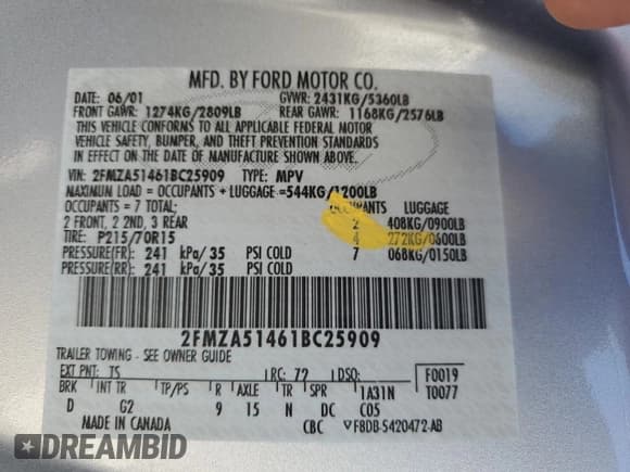 ✅ 2001 Ford Windstar LX • VIN: 2FMZA51461BC25909 • Lot: 85928185. Listed on Copart with 234,955 mi. Free auction sales archive from the USA and detailed vehicle history report at DreamBid. Image 13.