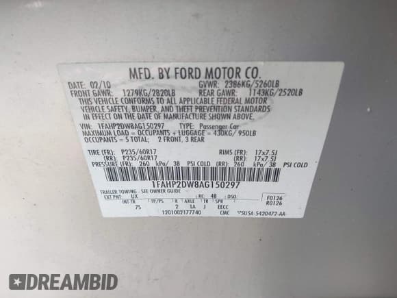 ✅ 2010 Ford Taurus SE • VIN: 1FAHP2DW8AG150297 • Лот: 43365638. Опубликован ранее на IAAI с пробегом 200 409 миль. Бесплатный доступ к архиву аукционных продаж из США и подробный отчёт об истории автомобиля на DreamBid. Изображение 9.