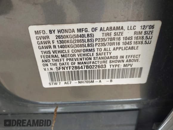 ✅ 2007 Honda Pilot EX-L • VIN: 5FNYF28647B022603 • Лот: 42330283. Опубликован ранее на IAAI с пробегом 194 656 миль. Бесплатный доступ к архиву аукционных продаж из США и подробный отчёт об истории автомобиля на DreamBid. Изображение 9.