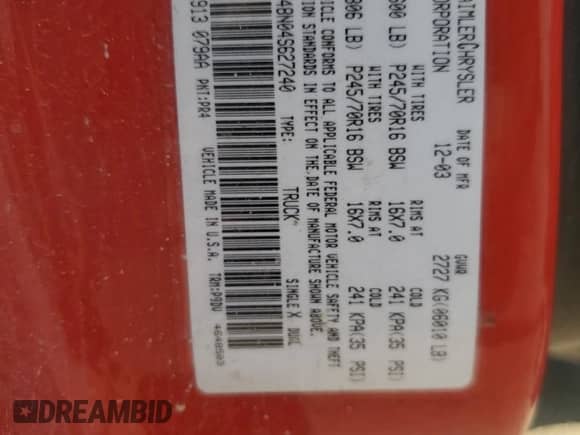 2004 Dodge Dakota SLT z VIN 1D7HG48N04S627240, wystawiony jako Copart lot #75443294 z przebiegiem 151 334 mil mil oraz Szkoda całkowita • Salvage title. Historia ofert i sprzedaży dostępna na DreamBid. Obrazek 14.