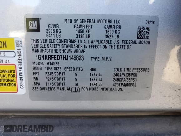 2017 Chevrolet Traverse LS with VIN 1GNKRFED7HJ145823, listed as a Copart auction lot 82596235 with 163,057 mi miles and Salvage title. Bid and sale history available at DreamBid. Image 14.