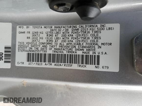 ✅ 2008 Toyota Tacoma • VIN: 5TEPX42N98Z557799 • Lot: 70008295. Wystawiony na Copart z przebiegiem 164 713 mil. Bezpłatny archiwum sprzedaży aukcyjnych z USA i szczegółowy raport historii pojazdu na DreamBid. Zdjęcie 12.