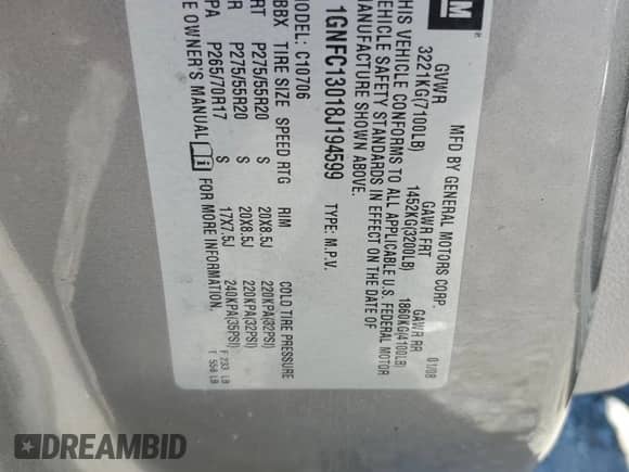 2008 Chevrolet Tahoe LTZ с VIN 1GNFC13018J194599, выставлен на аукционе Copart как лот 87207335 с пробегом 254 975 миль миль и Списание • Salvage title. История ставок и продаж доступна на DreamBid. Изображение 13.