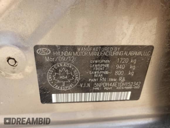 2013 Hyundai Elantra Limited with VIN 5NPDH4AE1DH152342, listed as a Copart auction lot 58754365 with 280,987 mi miles and Clean title. Bid and sale history available at DreamBid. Image 12.