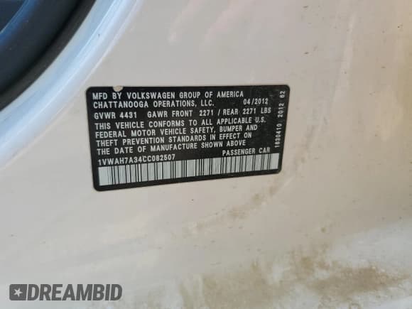 ✅ 2012 Volkswagen Passat S • VIN: 1VWAH7A34CC082507 • Лот: 65336205. Опубликован ранее на Copart с пробегом 152 624 миль. Бесплатный доступ к архиву аукционных продаж из США и подробный отчёт об истории автомобиля на DreamBid. Изображение 12.