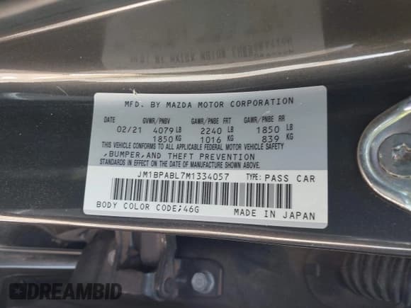 ✅ 2021 Mazda 3 Select • VIN: JM1BPABL7M1334057 • Lot: 42135292. Listed on IAAI with 51,598 mi. Free auction sales archive from the USA and detailed vehicle history report at DreamBid. Image 9.