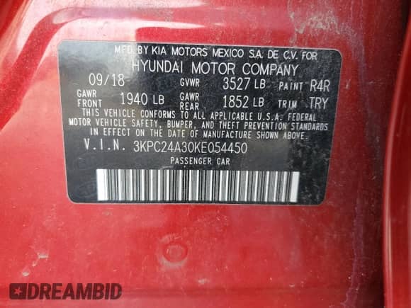 2019 Hyundai Accent SE z VIN 3KPC24A30KE054450, wystawiony jako Copart lot #72017284 z przebiegiem 64 808 mil mil oraz Nie do naprawy • Non repairable. Historia ofert i sprzedaży dostępna na DreamBid. Obrazek 13.