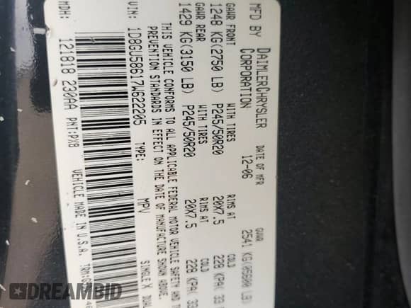 2007 Dodge Nitro R/T with VIN 1D8GU58617W622205, listed as a Copart auction lot 57022844 with 132,452 mi miles and Salvage title. Bid and sale history available at DreamBid. Image 13.