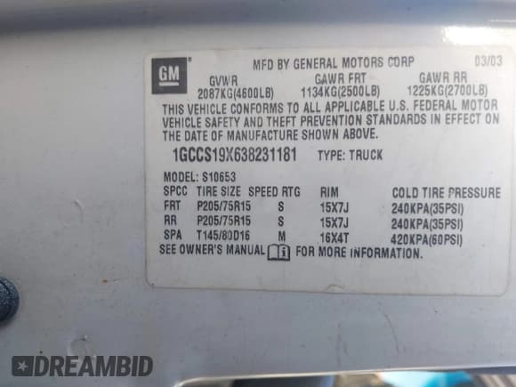 ✅ 2003 Chevrolet S-10 LS • VIN: 1GCCS19X638231181 • Лот: 41616836. Опубликован ранее на IAAI с пробегом Не указан. Бесплатный доступ к архиву аукционных продаж из США и подробный отчёт об истории автомобиля на DreamBid. Изображение 9.