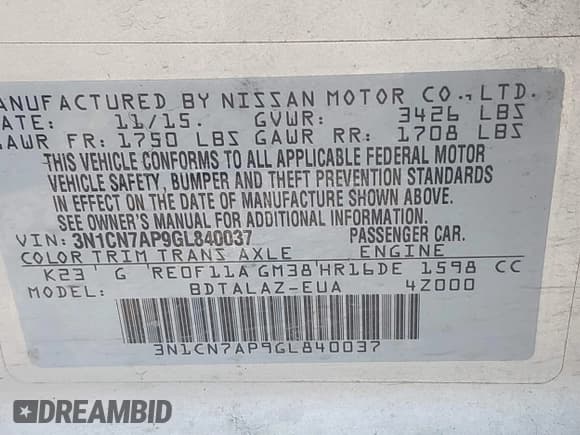 ✅ 2016 Nissan Versa S Plus • VIN: 3N1CN7AP9GL840037 • Лот: 43447311. Опубликован ранее на IAAI с пробегом 95 580 миль. Бесплатный доступ к архиву аукционных продаж из США и подробный отчёт об истории автомобиля на DreamBid. Изображение 9.