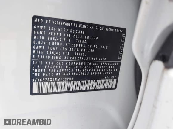 ✅ 2024 Volkswagen Tiguan SE R-Line Black • VIN: 3VVCB7AX4RM108239 • Lot: 42265079. Listed on IAAI with Not provided. Free auction sales archive from the USA and detailed vehicle history report at DreamBid. Image 9.