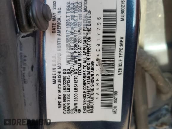 ✅ 2004 Mitsubishi Endeavor XLS • VIN: 4A4MM31S64E017796 • Lot: 59581375. Listed on Copart with 252,511 mi. Free auction sales archive from the USA and detailed vehicle history report at DreamBid. Image 13.