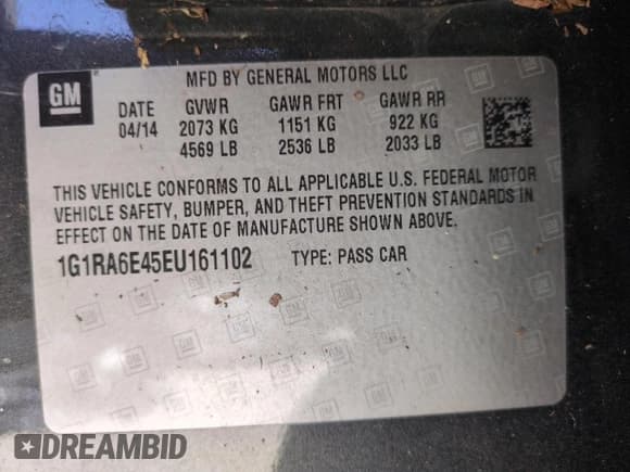 ✅ 2014 Chevrolet Volt • VIN: 1G1RA6E45EU161102 • Лот: 76316724. Опубликован ранее на Copart с пробегом 78 182 миль. Бесплатный доступ к архиву аукционных продаж из США и подробный отчёт об истории автомобиля на DreamBid. Изображение 13.