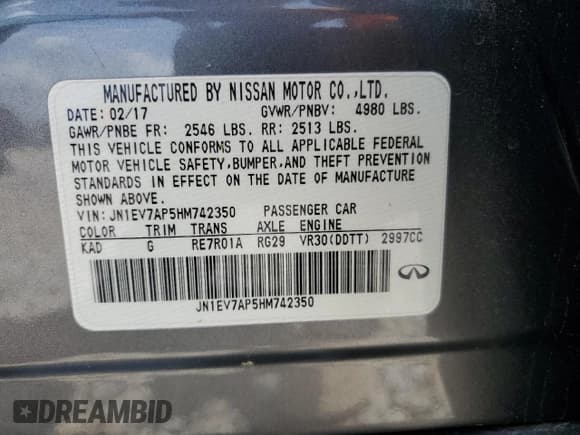 ✅ 2017 Infiniti Q50 Premium • VIN: JN1EV7AP5HM742350 • Lot: 56480015. Listed on Copart with 119,810 mi. Free auction sales archive from the USA and detailed vehicle history report at DreamBid. Image 12.