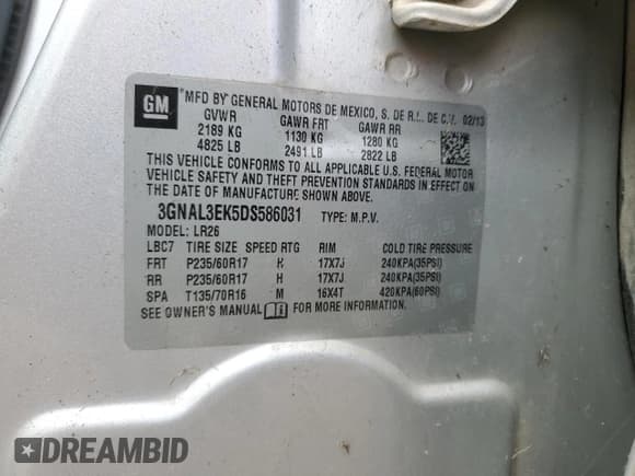 ✅ 2013 Chevrolet Captiva Sport LT • VIN: 3GNAL3EK5DS586031 • Lot: 44439435. Wystawiony na Copart z przebiegiem 177 245 mil. Bezpłatny archiwum sprzedaży aukcyjnych z USA i szczegółowy raport historii pojazdu na DreamBid. Zdjęcie 12.