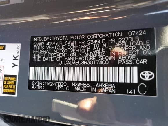 2024 Toyota Prius LE with VIN JTDADABU8R3017400, listed as a Copart auction lot 84013455 with 3,141 mi miles and Salvage title. Bid and sale history available at DreamBid. Image 12.