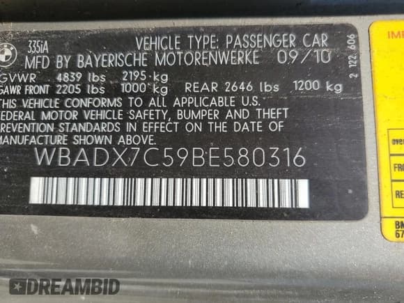 ✅ 2011 BMW 3 Series 335i • VIN: WBADX7C59BE580316 • Lot: 62086635. Listed on Copart with Not provided. Free auction sales archive from the USA and detailed vehicle history report at DreamBid. Image 12.