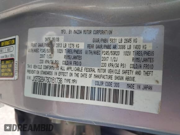 ✅ 2008 Mazda CX-9 Sport • VIN: JM3TB28A780161738 • Лот: 43644677. Опубликован ранее на IAAI с пробегом 239 742 миль. Бесплатный доступ к архиву аукционных продаж из США и подробный отчёт об истории автомобиля на DreamBid. Изображение 9.