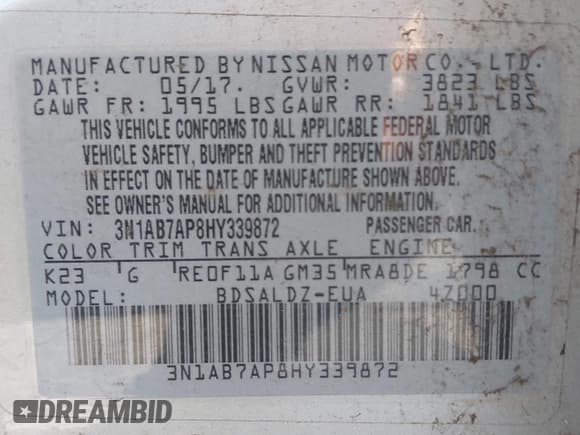 ✅ 2017 Nissan Sentra SV • VIN: 3N1AB7AP8HY339872 • Lot: 43353050. Listed on IAAI with 109,065 mi. Free auction sales archive from the USA and detailed vehicle history report at DreamBid. Image 9.